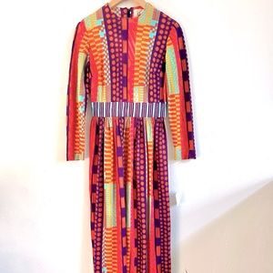 Vintage Colorful Retro Neon Geo Abstract 70s Maxi Gown Jersey Knit Dress